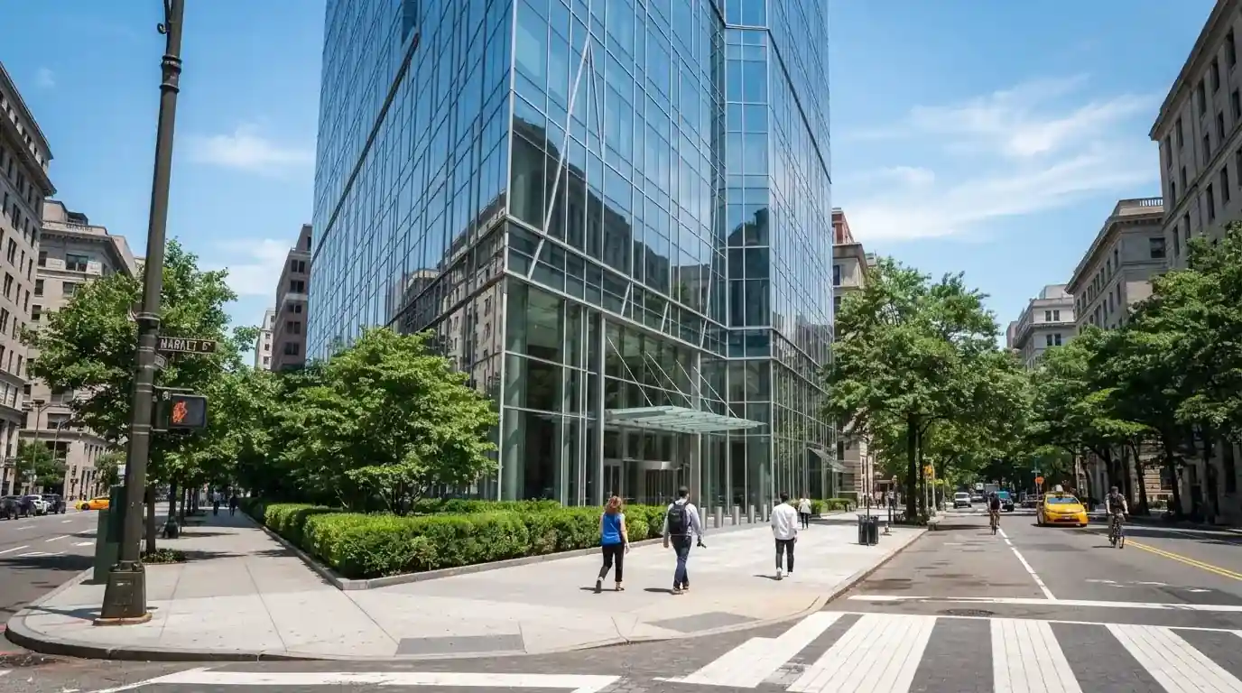 Edificio de oficinas moderno con fachada de cristal bajo un cielo despejado, gente caminando por la acera en una calle de ciudad.