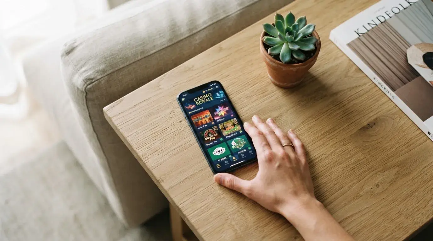 Mano sostiene un teléfono móvil mostrando una pantalla de inicio genérica sobre una mesa de café con una planta al fondo.