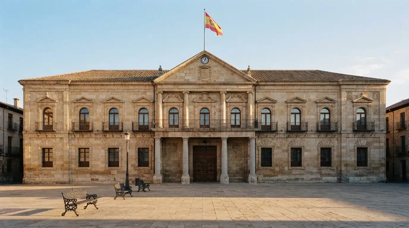 Fachada clásica de un edificio administrativo con una bandera ondeando y una plaza vacía al frente.