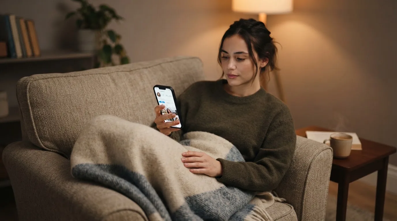 Persona sentada en un sillón cómodo consultando un teléfono móvil con una manta sobre las piernas en una sala tranquila.