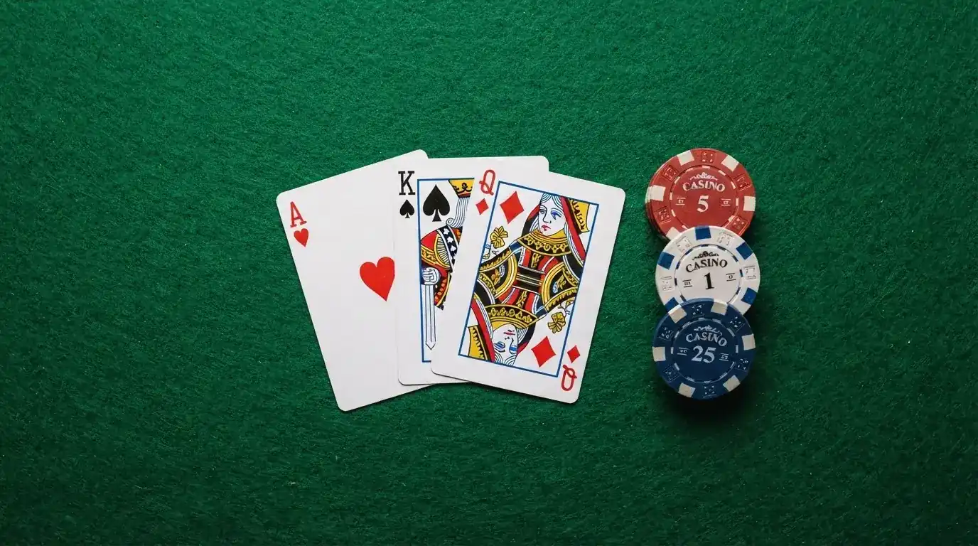 Vista cenital de una baraja de cartas y fichas de casino apiladas sobre una mesa de fieltro verde.