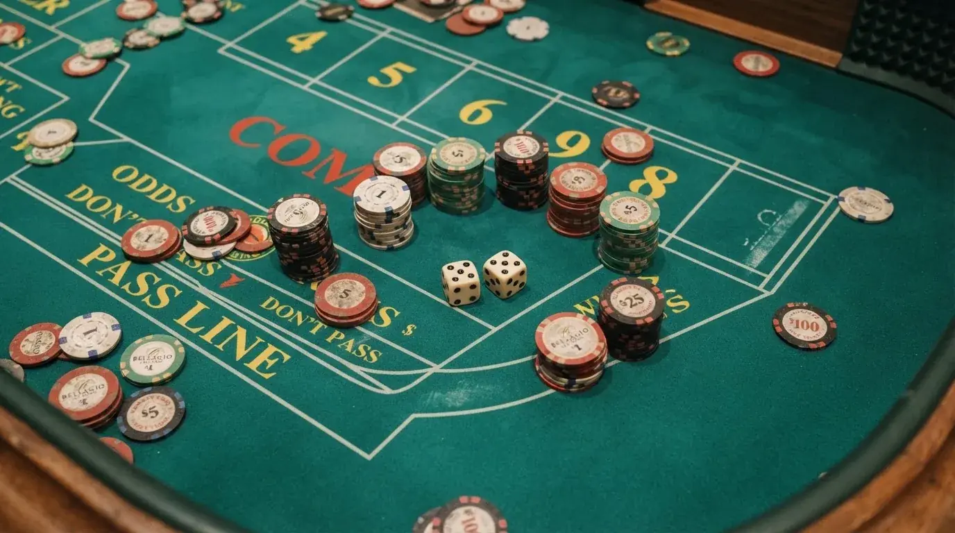 Vista cenital de fichas de casino y dados sobre una mesa de fieltro verde bajo luz suave.