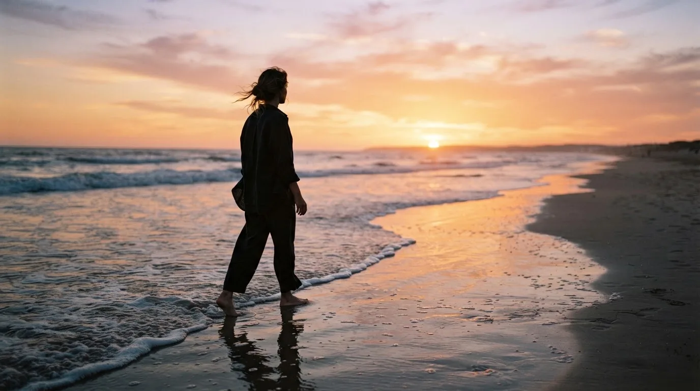 Persona caminando por la orilla del mar al atardecer en actitud relajada.