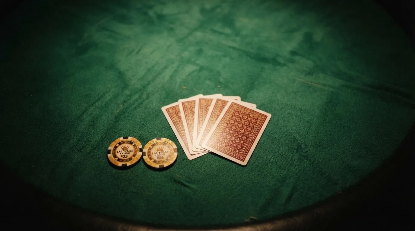 Vista cenital de fichas doradas y una baraja de cartas sobre una mesa de fieltro verde.