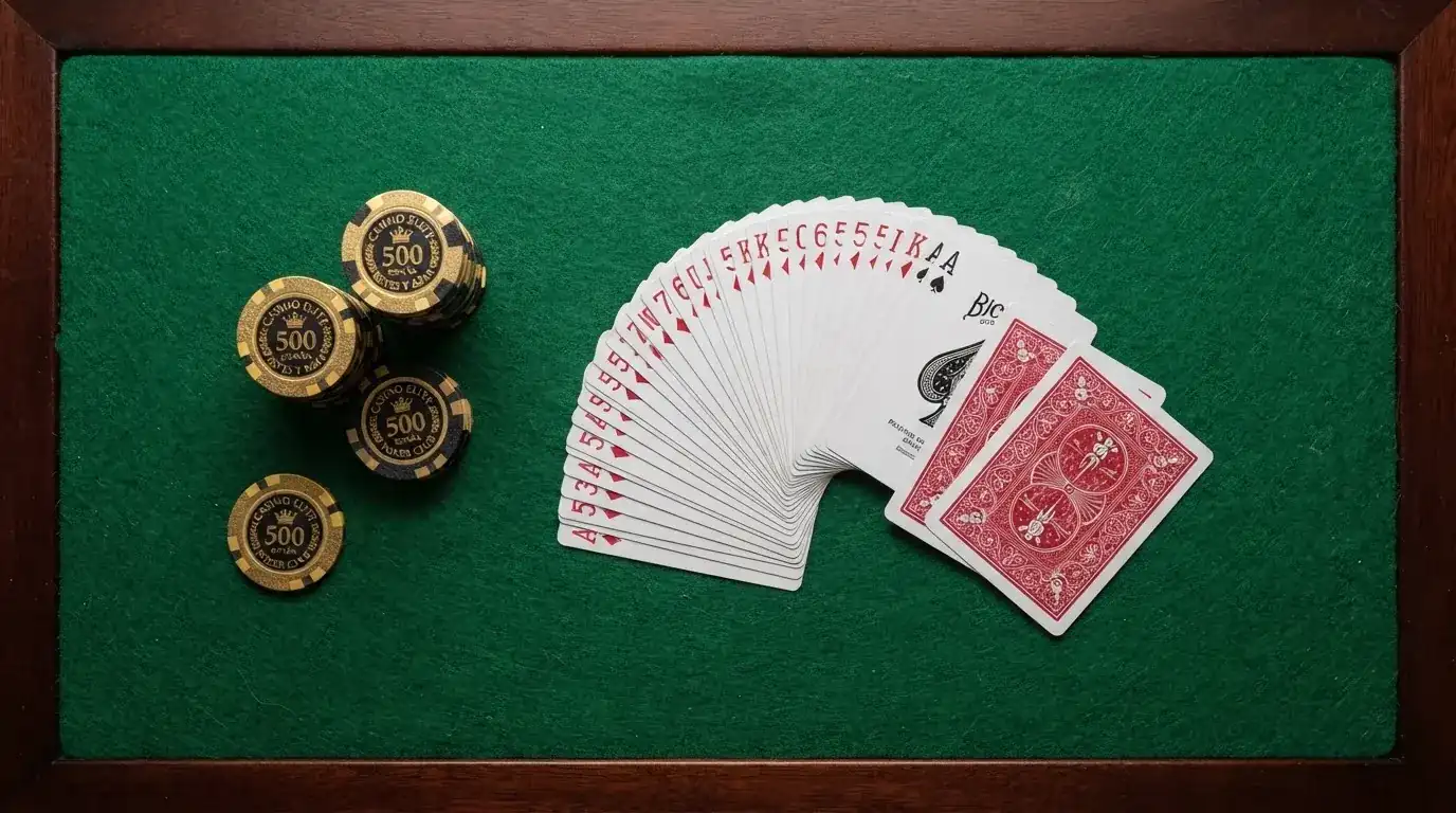Vista cenital de fichas doradas y una baraja de cartas sobre una mesa de fieltro verde.