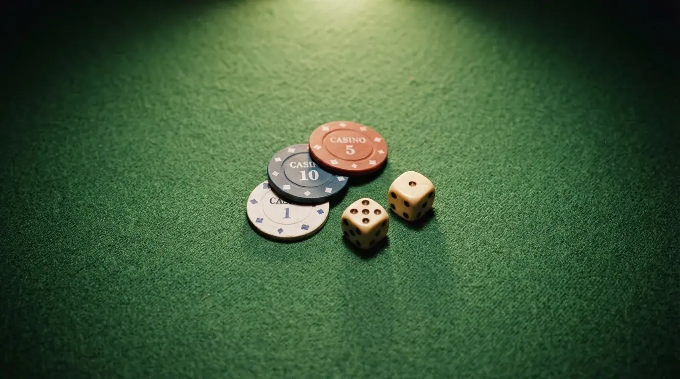 Vista cenital de fichas de casino y dados sobre una mesa de fieltro verde bajo luz suave.