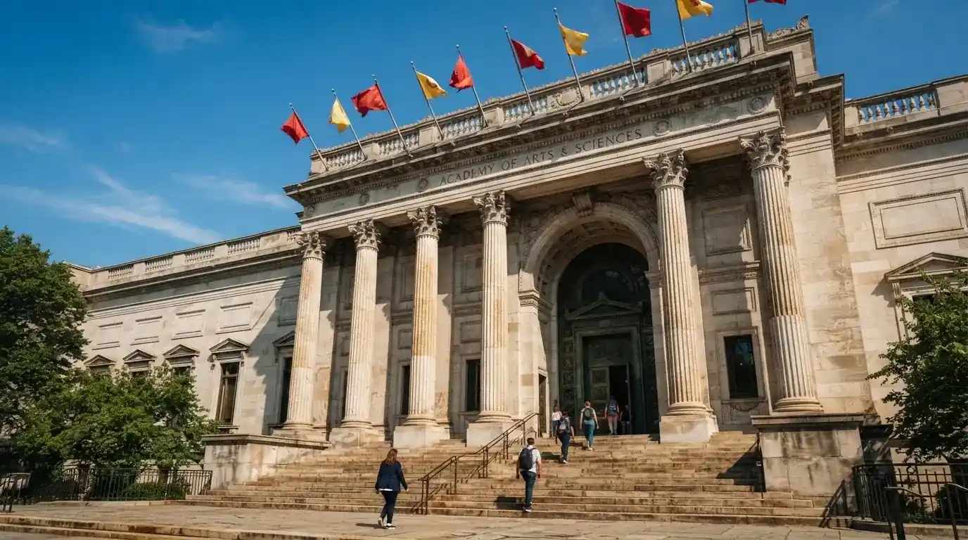 Fachada de un edificio institucional con columnas y banderas ondeando bajo un cielo despejado.