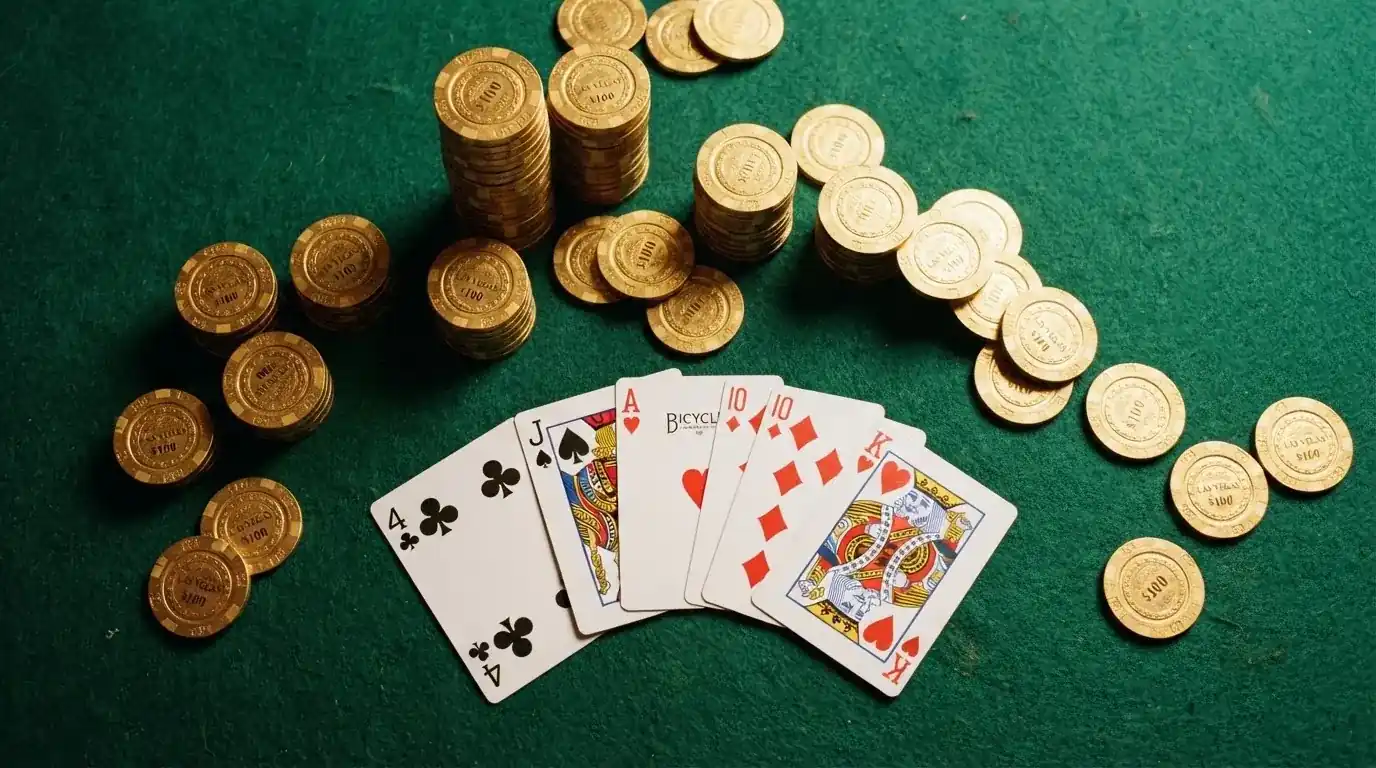 Vista cenital de fichas doradas y una baraja de cartas sobre una mesa de fieltro verde.