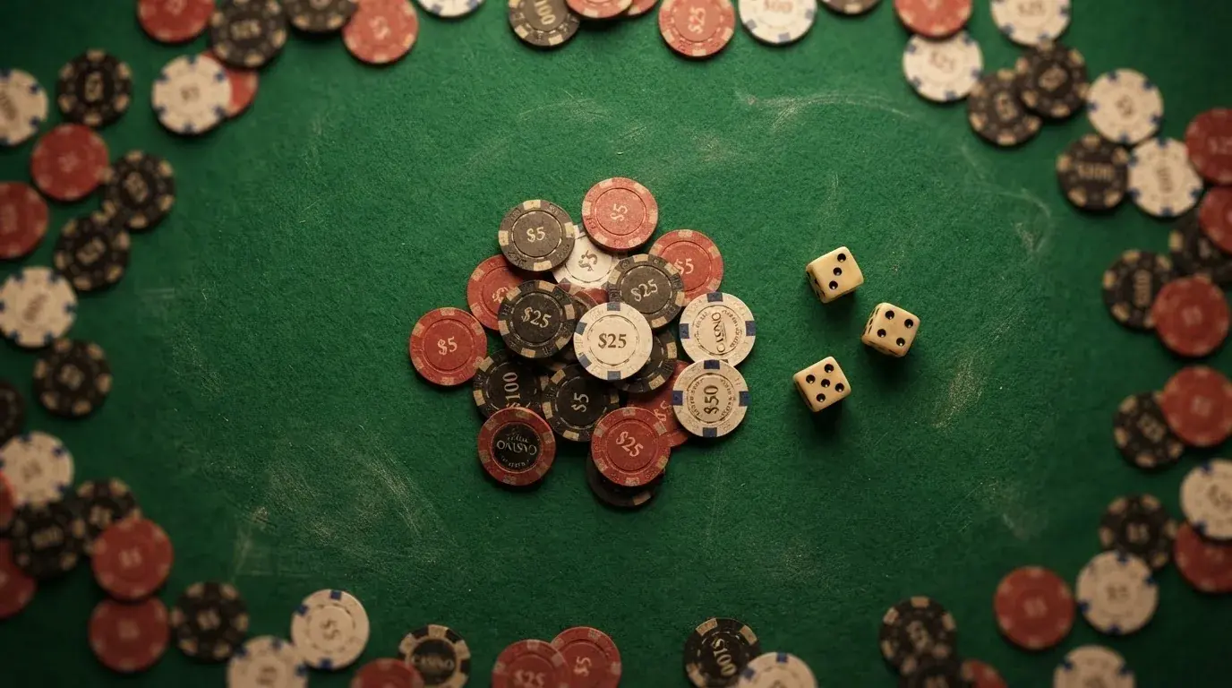 Vista cenital de fichas de casino y dados sobre una mesa de fieltro verde bajo luz suave.