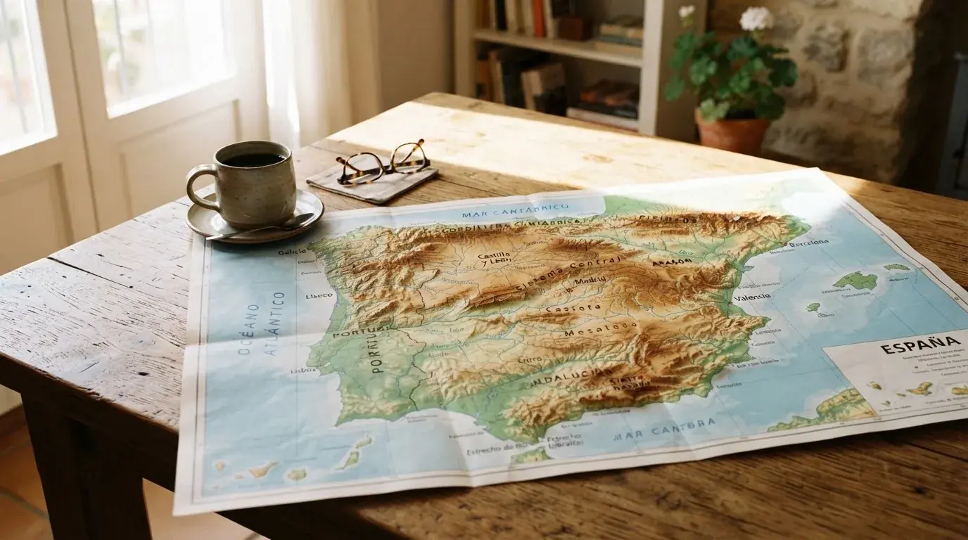 Un mapa físico de España sobre una mesa de madera junto a una taza de café y unas gafas, con luz natural entrando por una ventana.