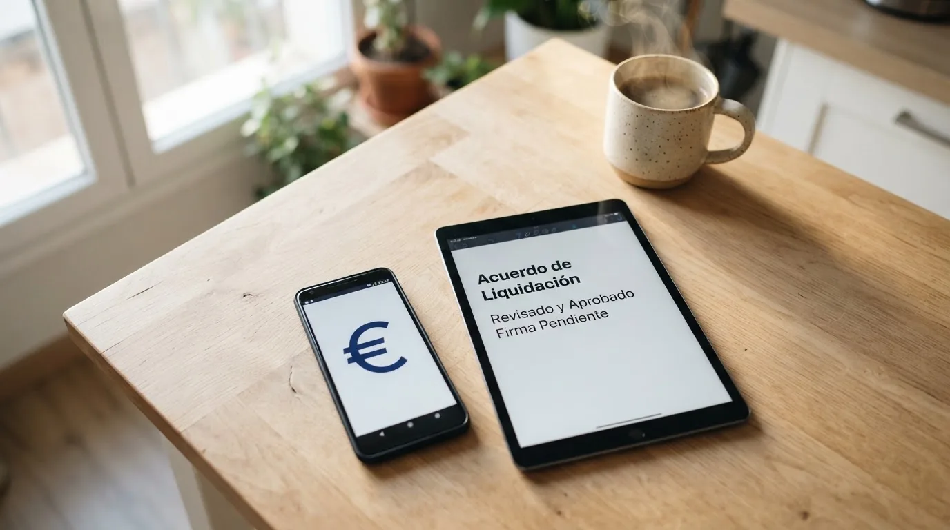 Una mano sostiene un teléfono móvil mientras otra persona mira una tableta apoyada sobre una mesa de cocina por la mañana.