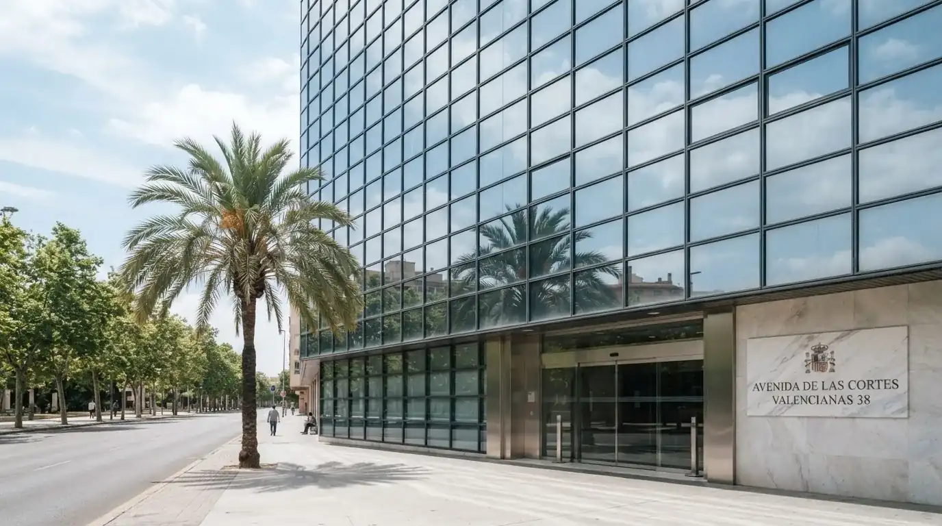Un edificio de oficinas moderno con cristales reflectantes bajo un cielo despejado, visto desde una calle tranquila.
