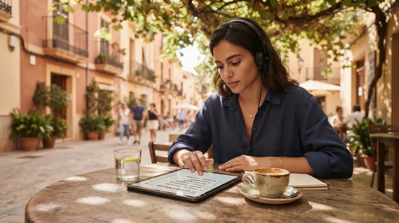 Una persona con auriculares revisa una lista en una tableta apoyada sobre una mesa de café en una terraza soleada.
