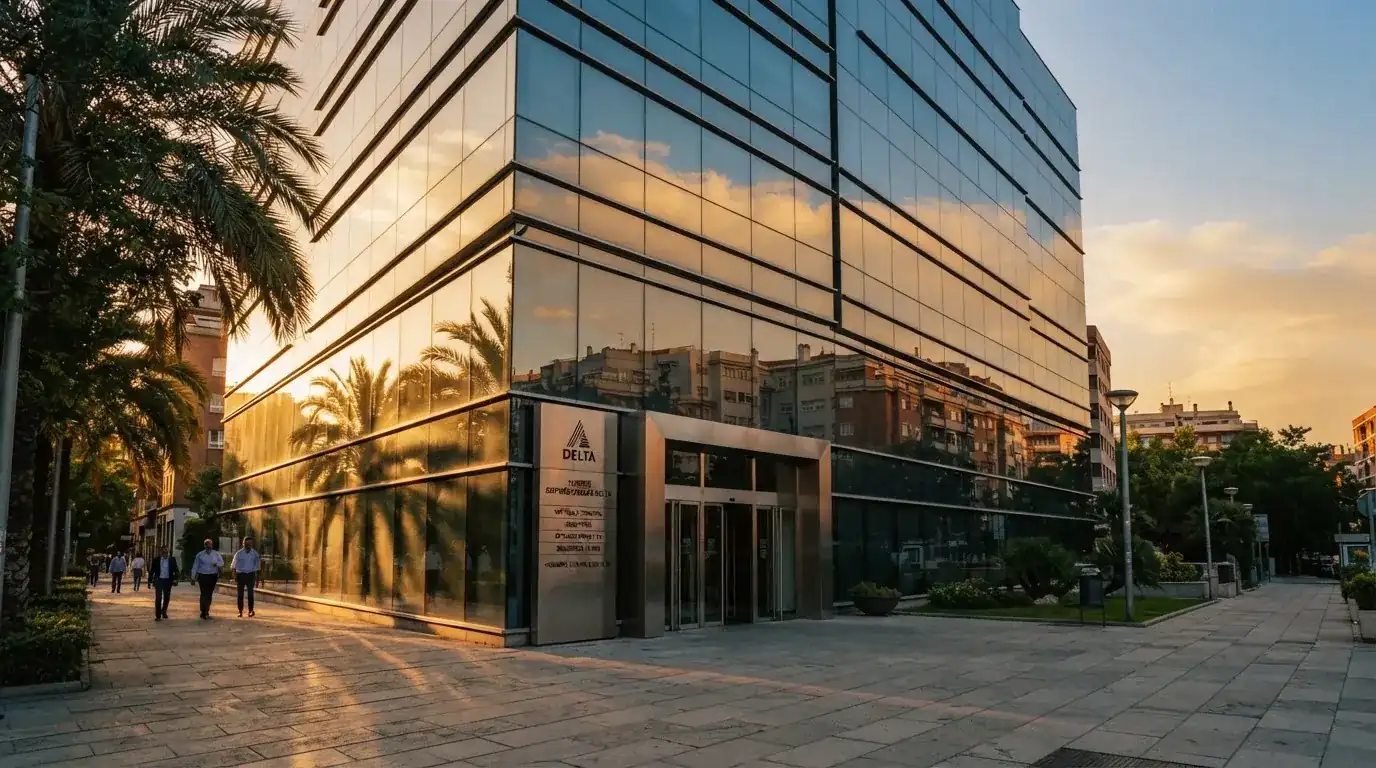 Un edificio de oficinas con fachada de cristal reflejando nubes, fotografiado desde una acera ancha por la tarde.