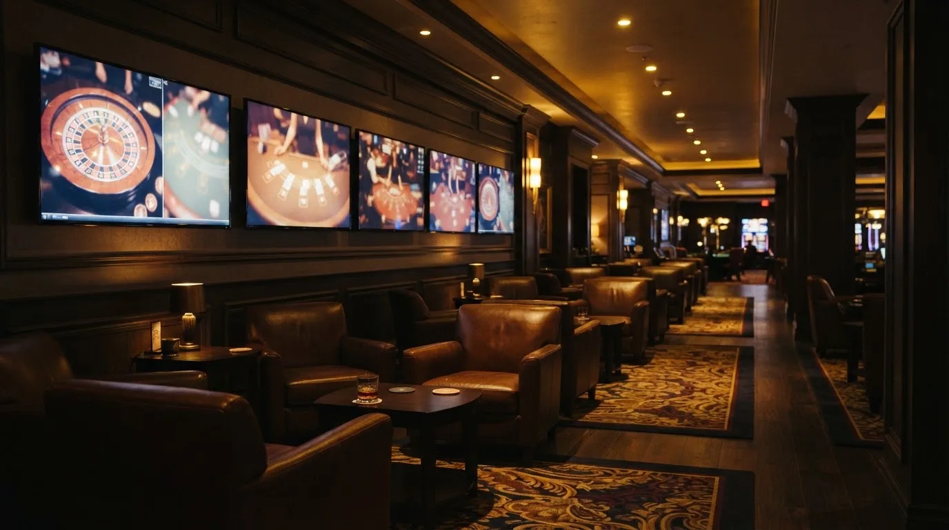 Fotografía de un salón de casino moderno con pantallas de transmisión en directo y sillones cómodos, ambiente cálido y profesional.
