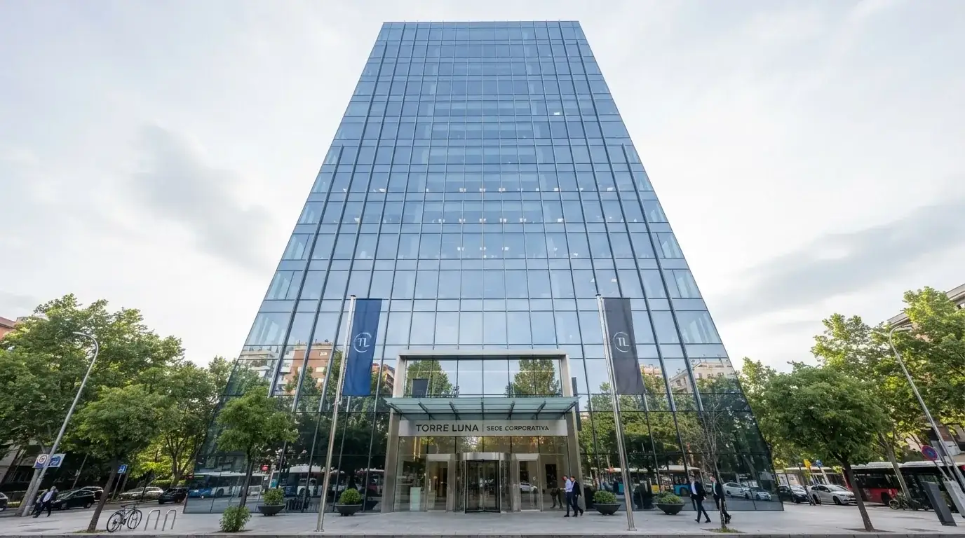 Fotografía de un edificio de oficinas corporativas con fachada de cristal, simbolizando la regulación y la supervisión del sector del juego.