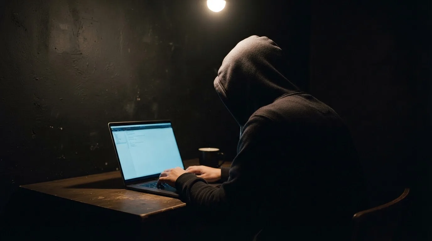 Fotografía de una persona con capucha usando un portátil en una habitación oscura, transmitiendo la idea de anonimato en línea.