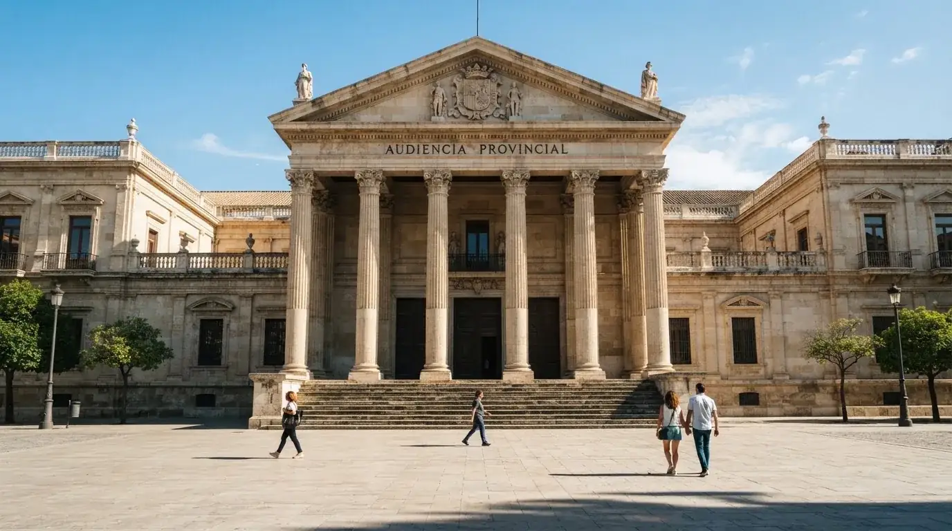 Fotografía de la fachada de un edificio institucional español con columnas clásicas bajo un cielo despejado.