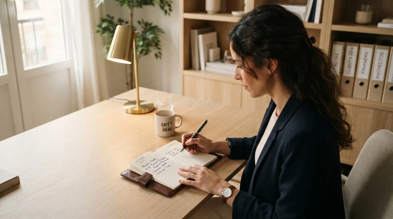 Una mujer con gafas revisa su agenda en un escritorio de oficina moderna con estanterías al fondo.
