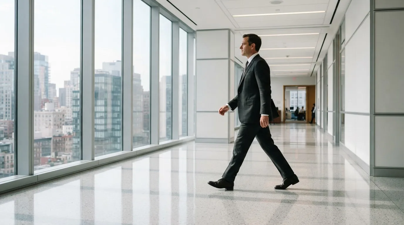 Un hombre con traje camina por el pasillo de un edificio de oficinas moderno con grandes ventanales.