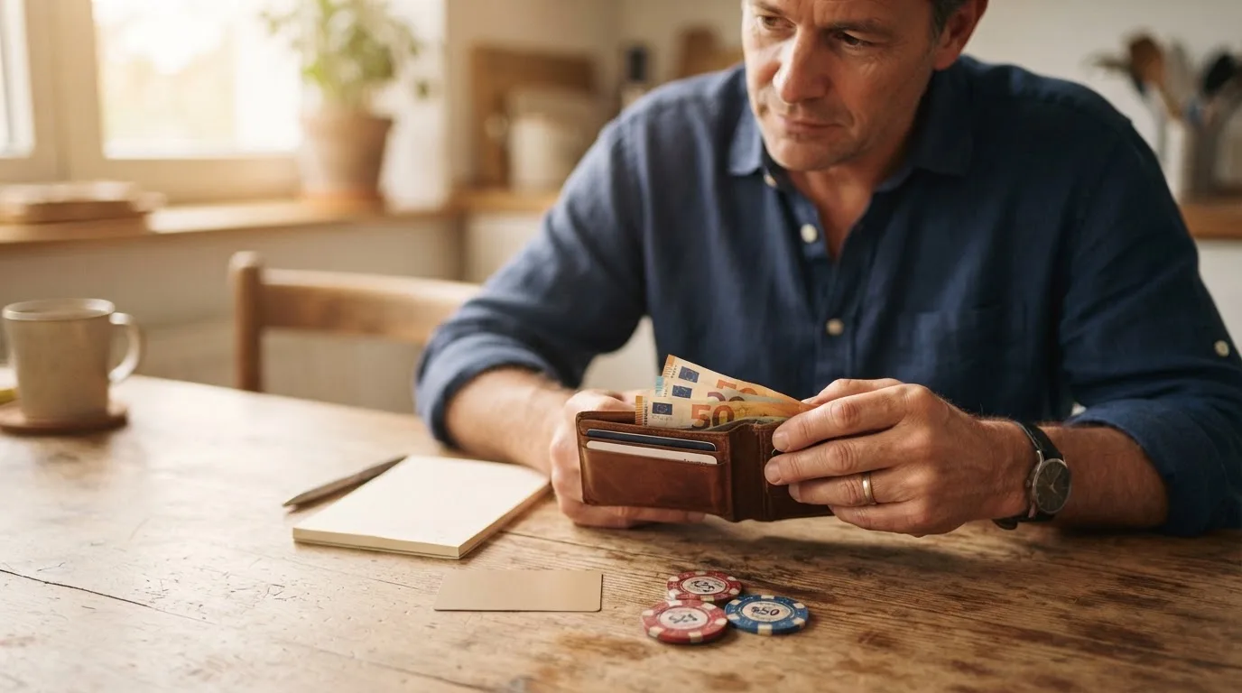 Un hombre revisa su cartera con tarjetas y monedas sobre una mesa de madera en casa.