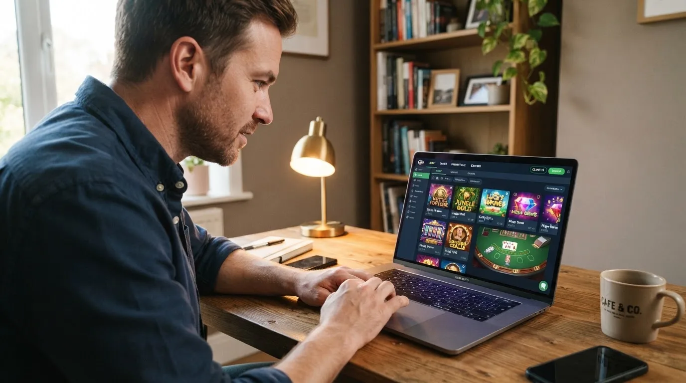 Un hombre navega por el catálogo de juegos de un casino online en su portátil, sentado en el escritorio de casa.