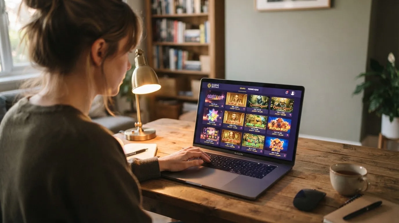 Una mujer explora el catálogo de tragaperras de un casino online en la pantalla de su portátil por la noche.
