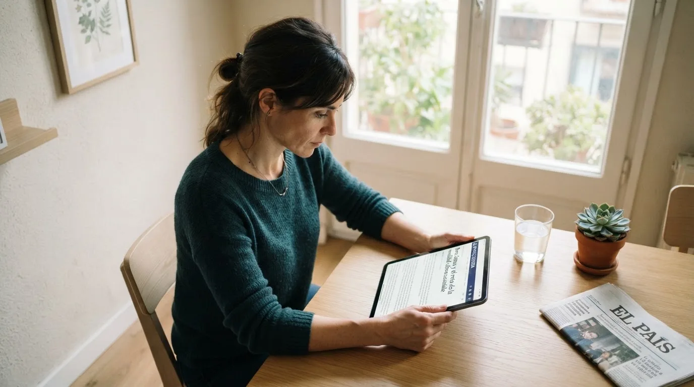 Una mujer consulta información oficial en la pantalla de su tableta, sentada junto a una ventana con luz natural.