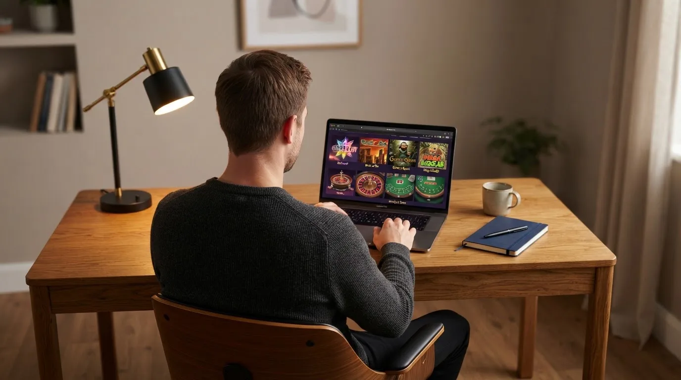 Un hombre explora distintos juegos gratuitos de casino en la pantalla de su ordenador portátil, sentado en su escritorio.