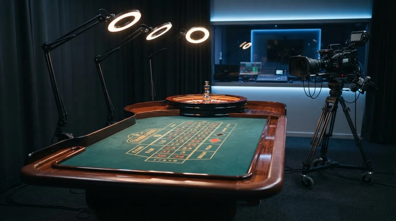 Una mesa de ruleta en vivo vacía momentos antes de empezar la retransmisión, con luces de estudio profesional encendidas.