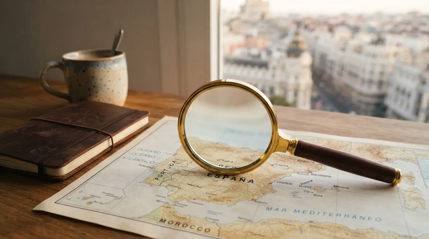 Una lupa sobre un mapa de España iluminado en un escritorio de oficina, con una ventana al fondo desenfocada.