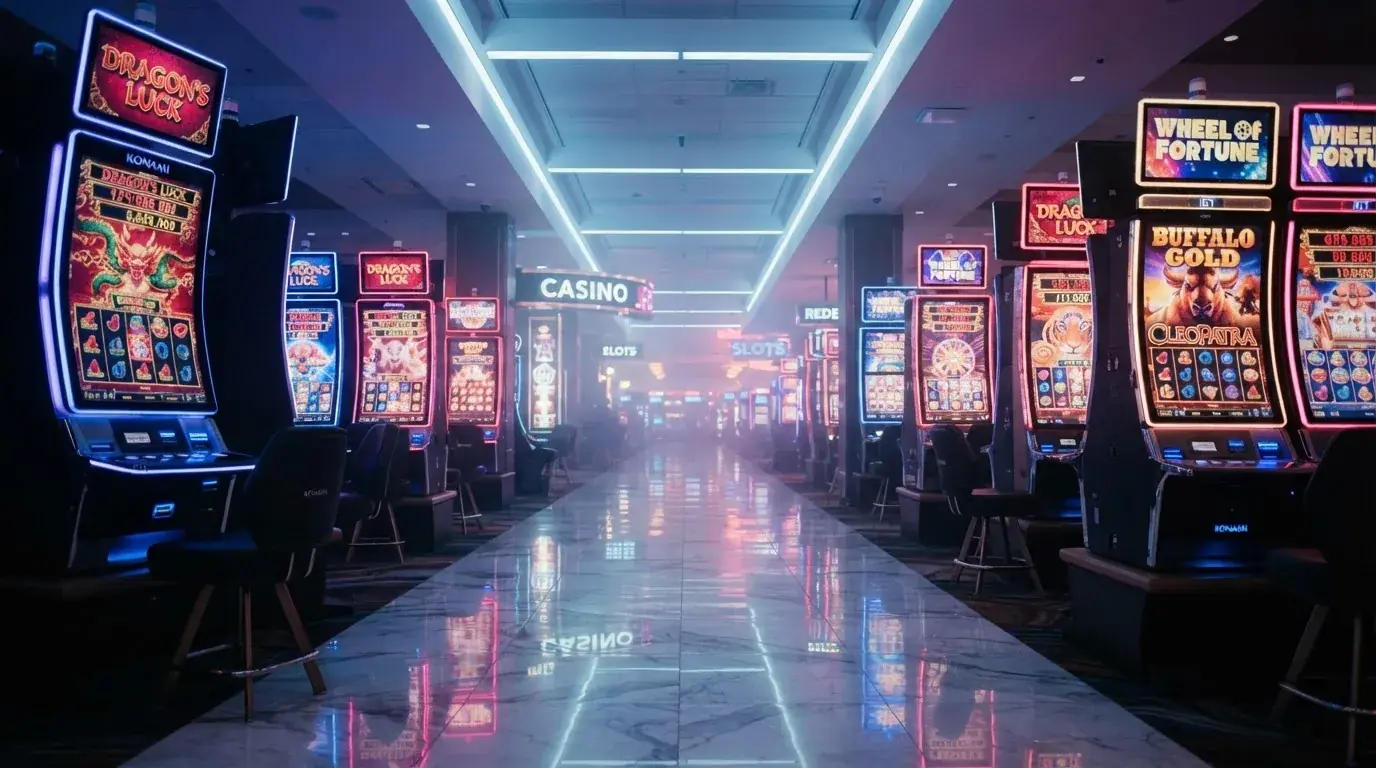 Una hilera de máquinas tragaperras modernas con luces de colores encendidas, fotografiada en un pasillo de casino vacío.