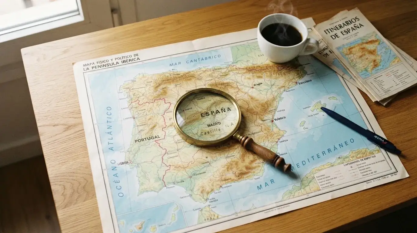 Una lupa sobre un mapa de España colocado en un escritorio de madera junto a una taza de café humeante.